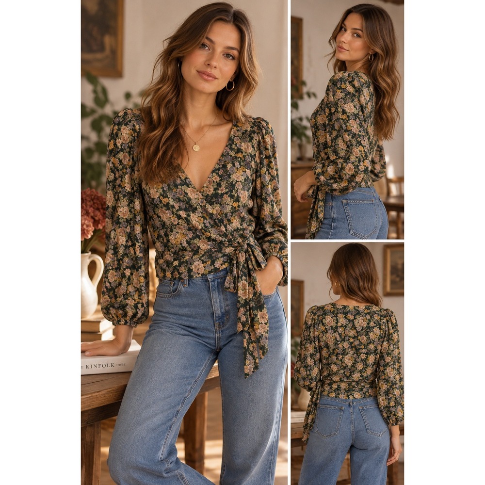 American Eagle Faux Wrap Top Womens S Green Floral Long Sleeve Boho Cottagecore